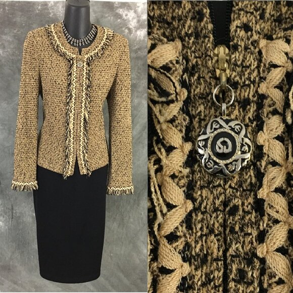BEAUTIFUL St John collection jacket knit beige black fringe blazer size 4
